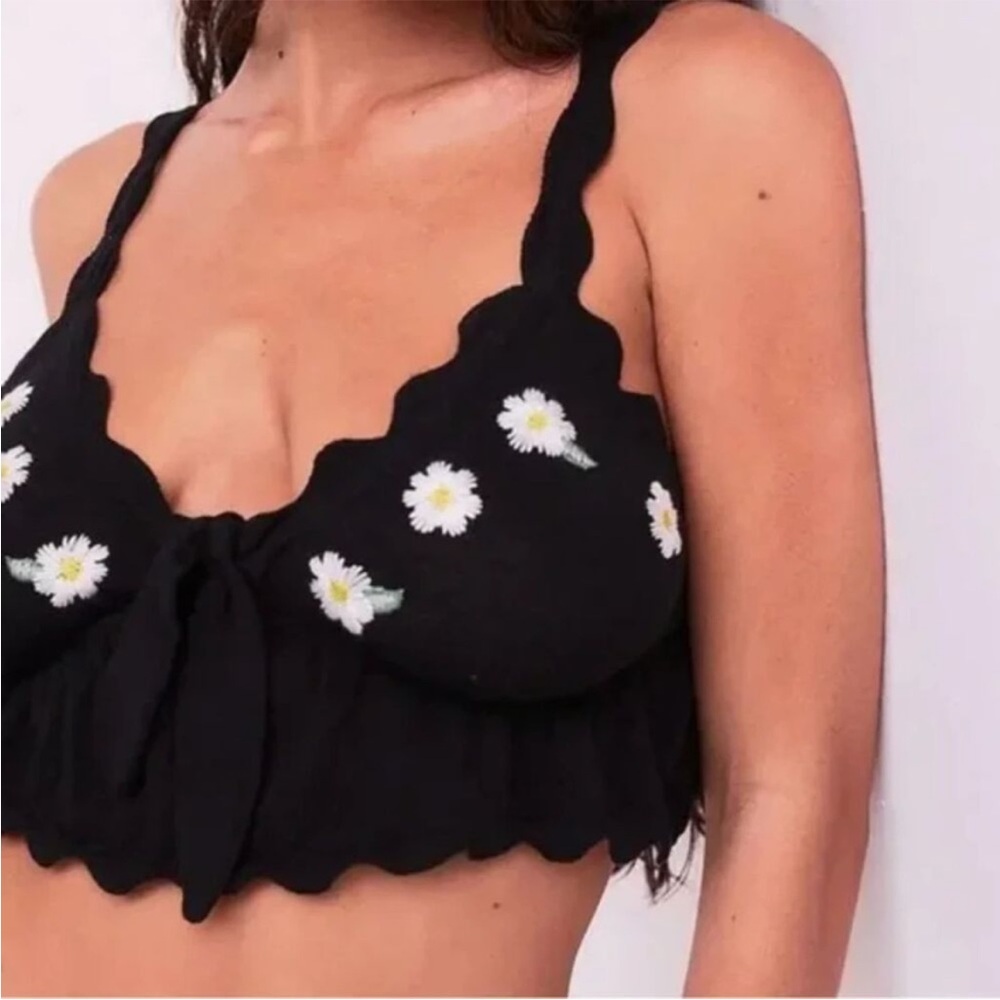 For Love And Lemons Black Daisy Embroidered Tank Top